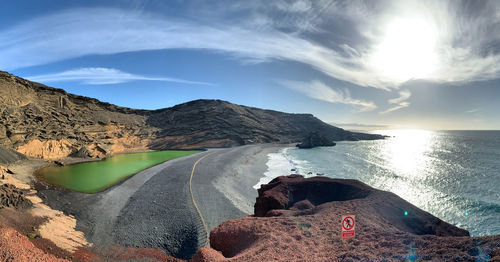 Scenic view of sea and mountains against sky