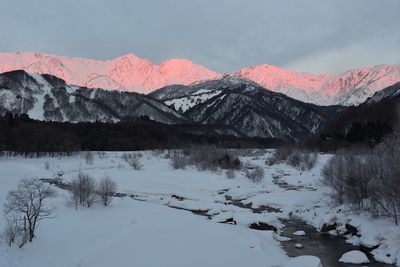 Scenic view of snow covered mountains against sky