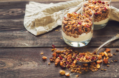 High angle view of breakfast on table