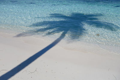 High angle view of shadow on sand at beach