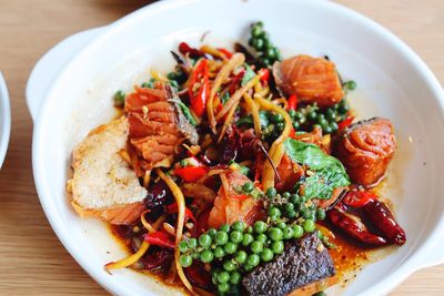 High angle view of meal served in bowl