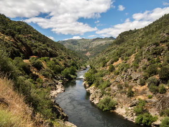 Scenic view of river amidst mountains against sky