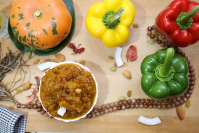 High angle view of fruits and vegetables on table