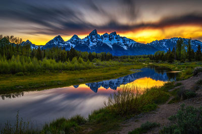 Scenic view of lake against sky during sunset