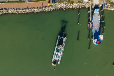 Aerial view of a ship wreck at passignano sul trasimeno, a lake near perugia, italy.