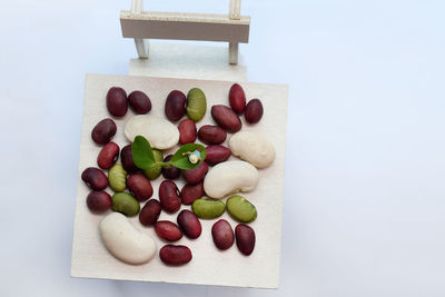 High angle view of fruits in plate on table