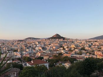 High angle view of townscape against clear sky