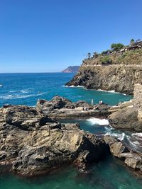 Scenic view of sea against clear blue sky