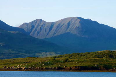 Scenic view of lake and mountains against sky