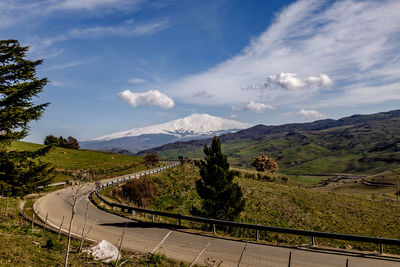 High angle view of road by landscape against sky