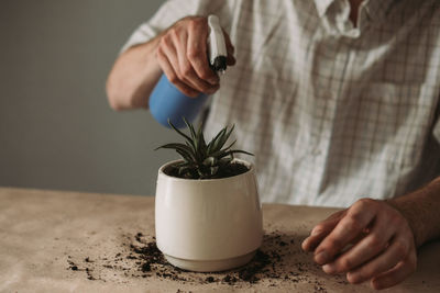 Midsection of man holding potted plant on table