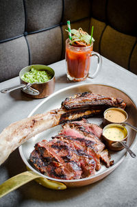 High angle view of meat served on plate