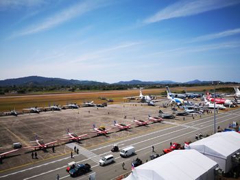 High angle view of airport runway against sky