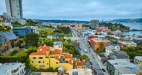 High angle view of cityscape against sky