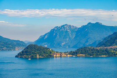 The panorama of lake como, photographed from griante, showing the town of bellagio, and mountains.