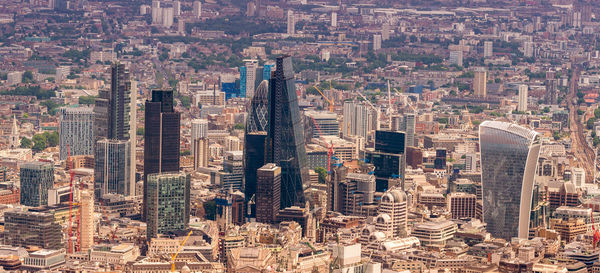 High angle view of modern buildings in city