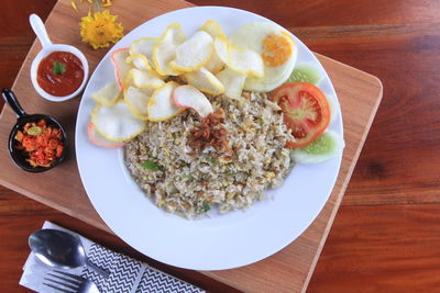 High angle view of breakfast served on table