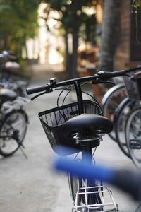 Bicycle parked on street in city