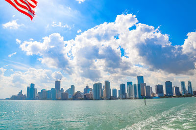 Scenic view of sea and cityscape against sky