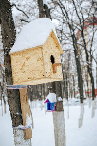 Close-up of birdhouse on tree trunk during winter
