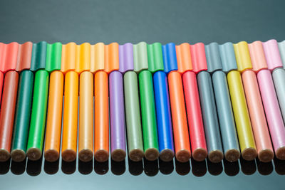 High angle view of multi colored pencils on table