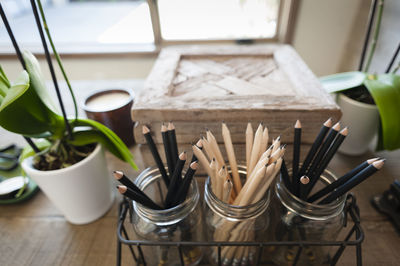 High angle view of pencils