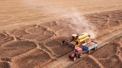 High angle view of tractor on agricultural field