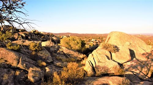 Scenic view of rocky mountains against clear sky