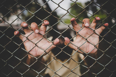 Cropped image of man touching metal fence