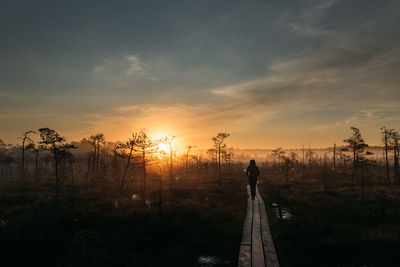 Silhouette person standing on land against sky during sunset