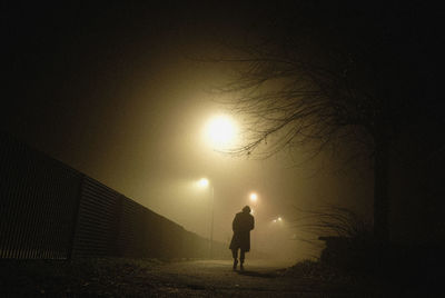 Rear view of man walking on street at night