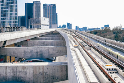 Railroad tracks amidst buildings in city against clear sky