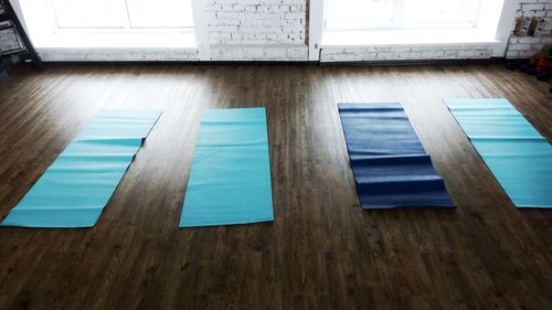 High angle view of blue wooden table