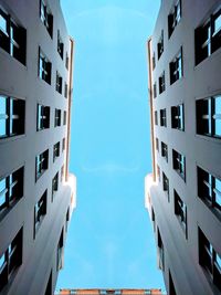Directly below shot of buildings against clear sky