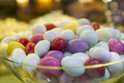 Close-up of multi colored candies in bowl