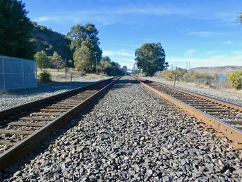 Surface level of railroad tracks against sky