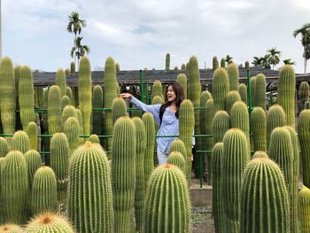 Woman standing amidst cactus