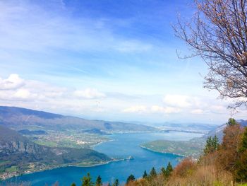 Scenic view of lake and mountains against sky