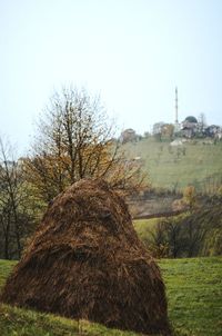 Hay bales on field against clear sky