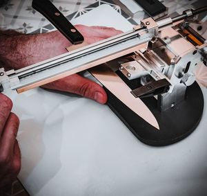 High angle view of man working on table