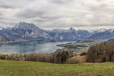 Scenic view of lake by mountains against sky