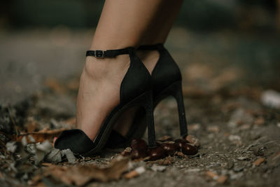 Low section of woman wearing high heels in forest
