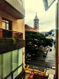 View of bell tower in city