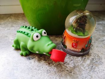 High angle view of multi colored candies in container on table