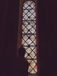 Rear view of silhouette woman standing by window in building