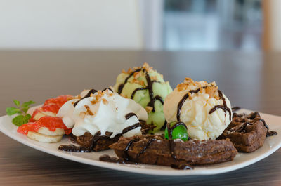 Close-up of dessert in plate on table