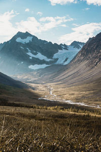 Scenic view of snowcapped mountains against sky