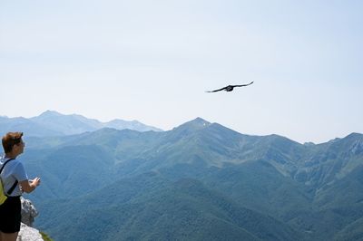 Bird flying over mountain range against sky