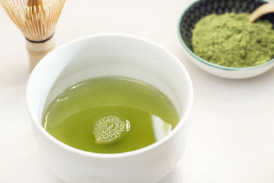 High angle view of tea in bowl on table