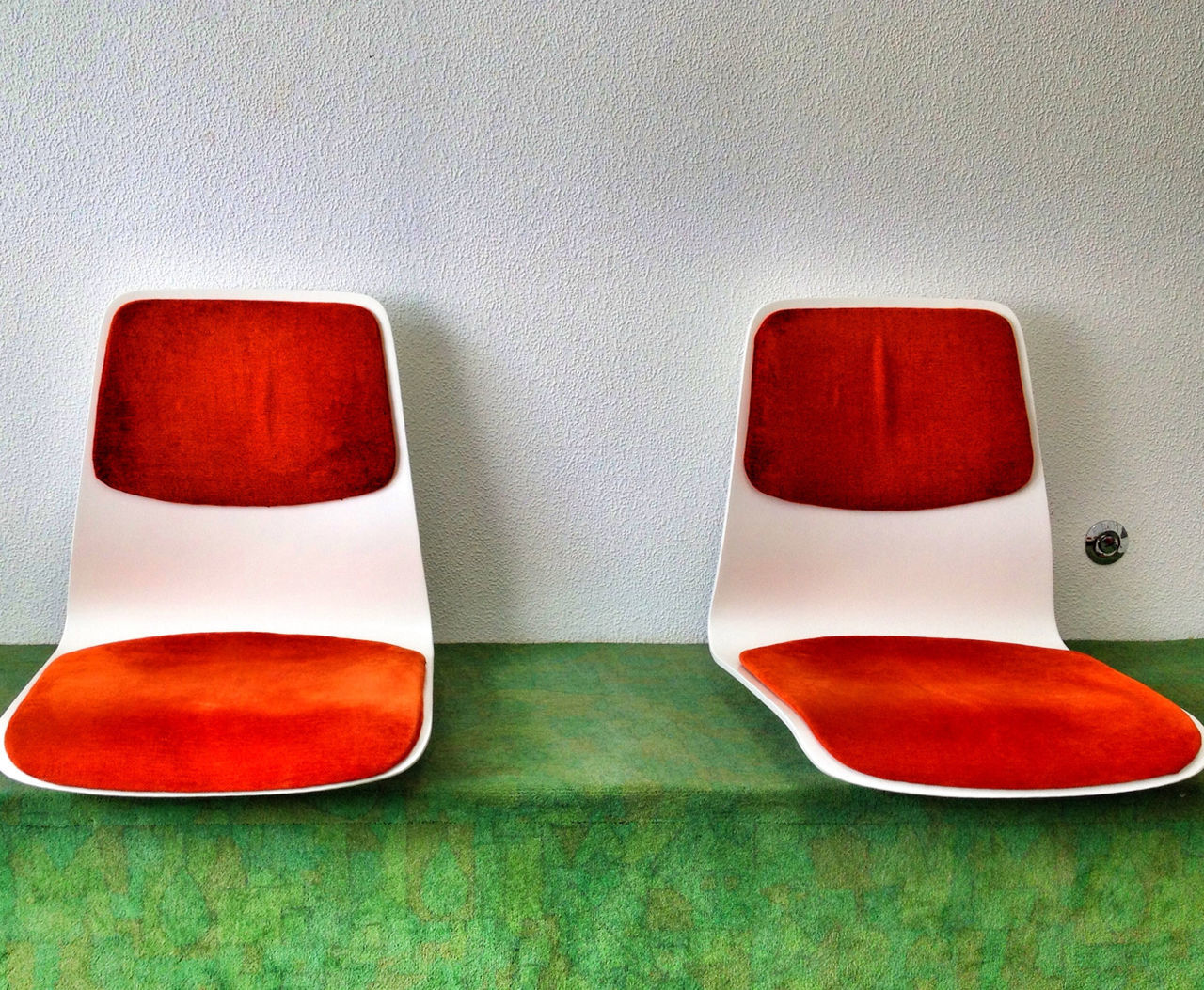 red, indoors, still life, absence, chair, table, empty, seat, no people, wall - building feature, close-up, high angle view, side by side, green color, white color, two objects, floor, flooring, wall, shoe